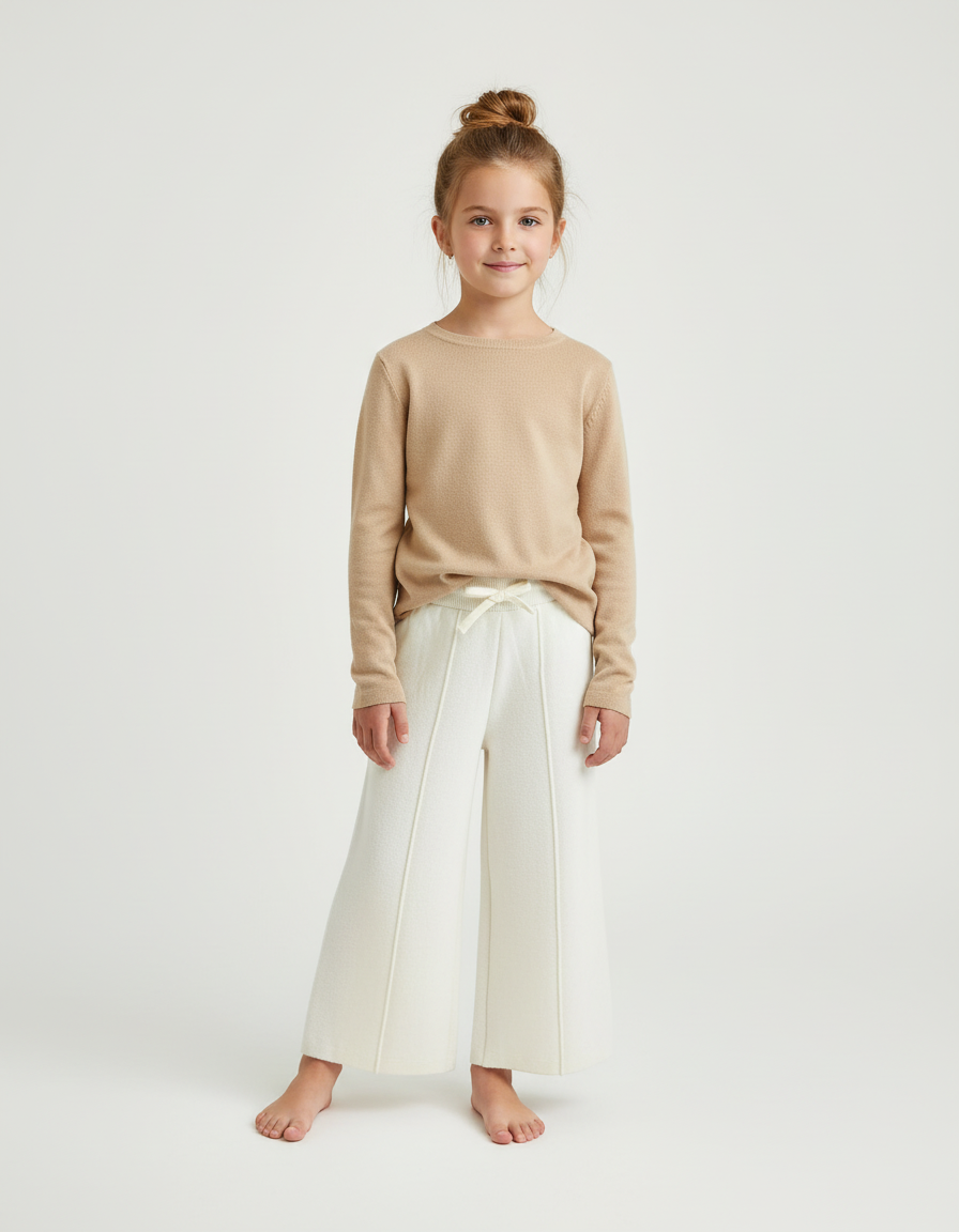 Pantalon Beige Ample Tricoté Évasé Cordon Fille - Blanc Maille