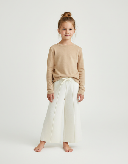 Pantalon Beige Ample Tricoté Évasé Cordon Fille - Blanc Maille