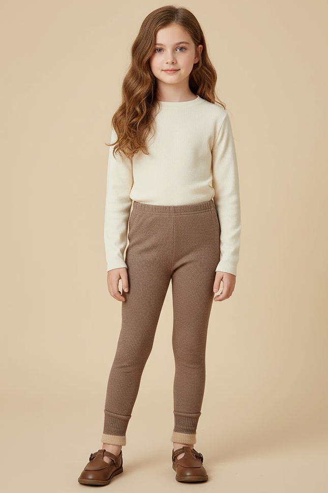 Pantalon Beige Côtelé Fille Doublé Chaud Hiver - Marron Maille