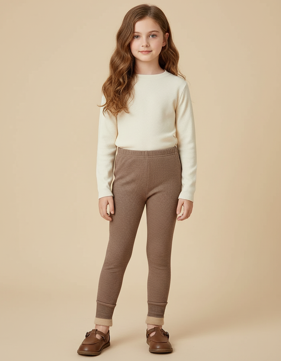 Pantalon Beige Côtelé Fille Doublé Chaud Hiver - Marron Maille