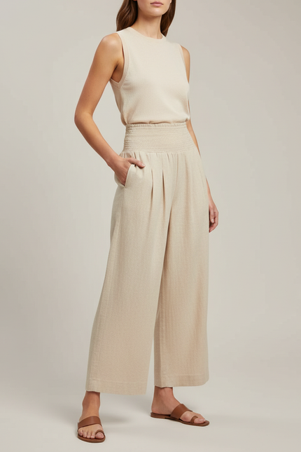 Pantalon Beige Ample Taille Haute Plissé Fluide - Lin