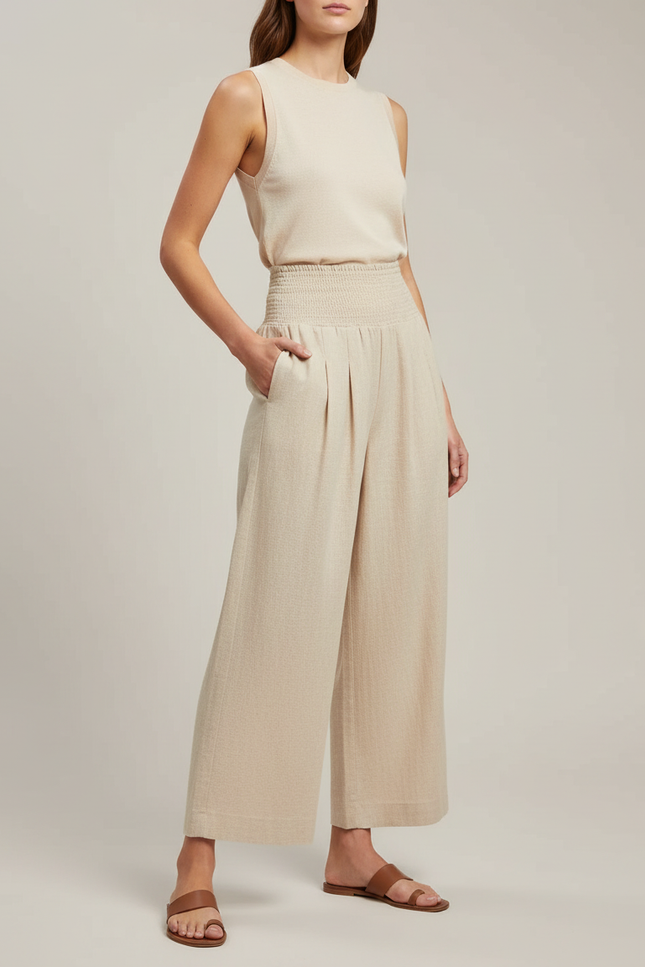 Pantalon Beige Ample Taille Haute Plissé Fluide - Lin