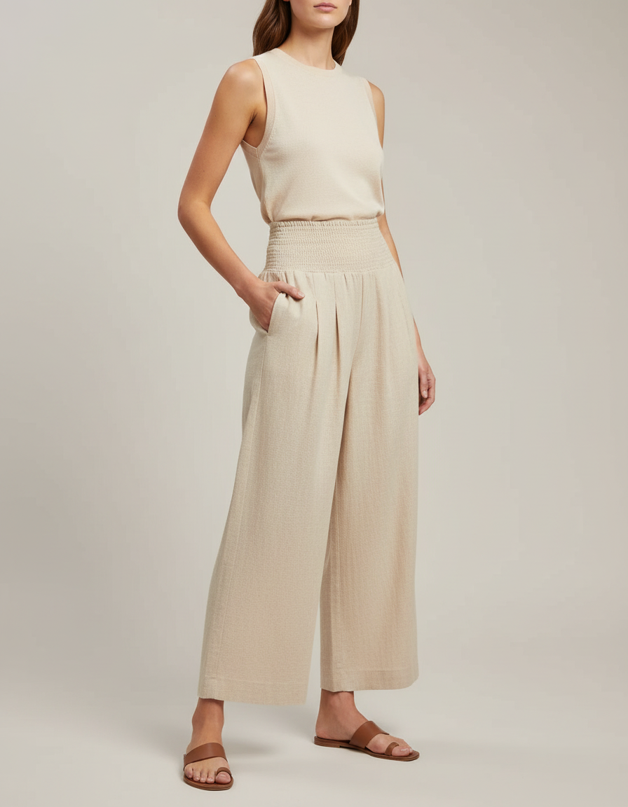 Pantalon Beige Ample Taille Haute Plissé Fluide - Lin