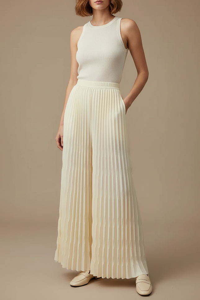 Pantalon Beige Plissé Fluide Ample Élégant - Polyester