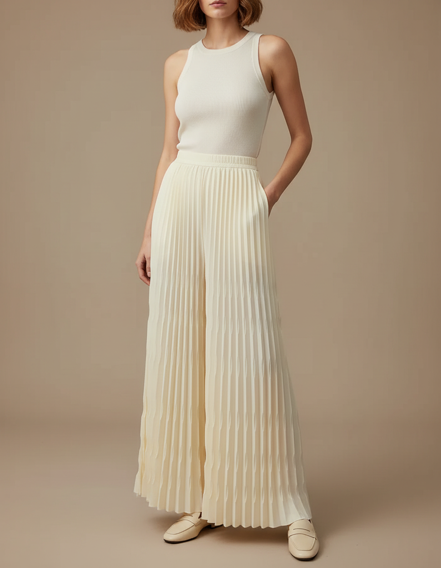 Pantalon Beige Plissé Fluide Ample Élégant - Polyester