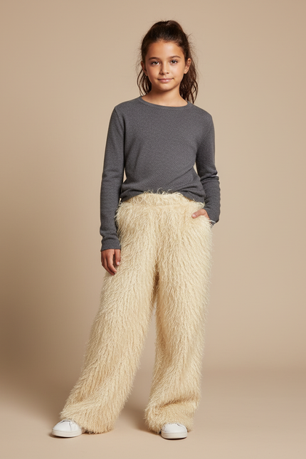 Pantalon Beige Poilu Ample Décontracté Enfant - Polyester