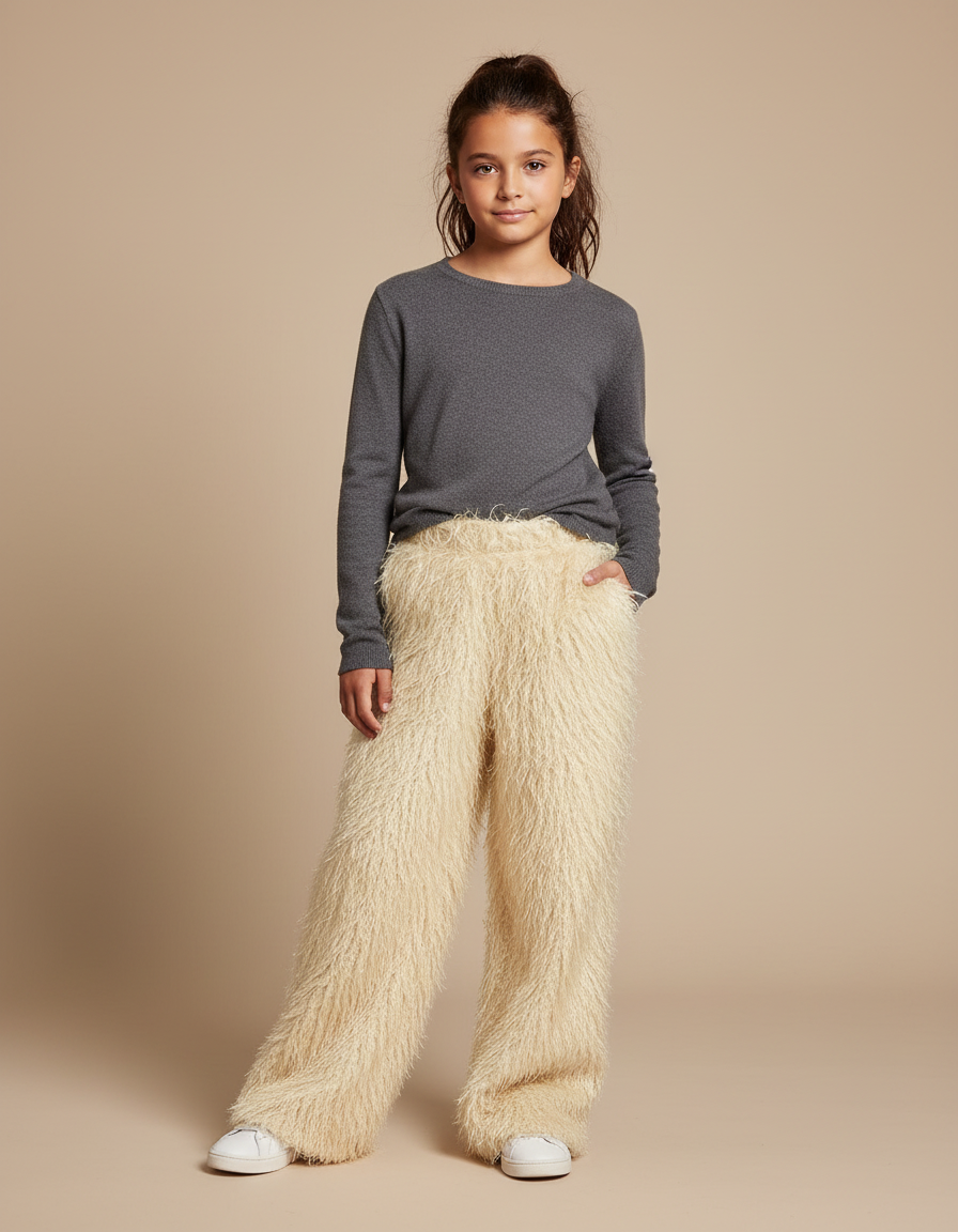 Pantalon Beige Poilu Ample Décontracté Enfant - Polyester