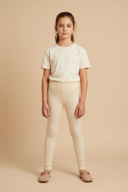 Pantalon Beige Enfant Tricoté Câblé Élastique Hiver Confortable - Maille