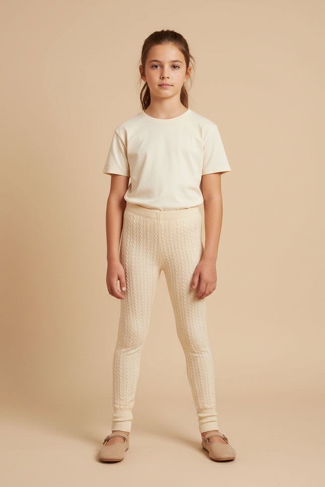 Pantalon Beige Enfant Tricoté Câblé Élastique Hiver Confortable - Maille