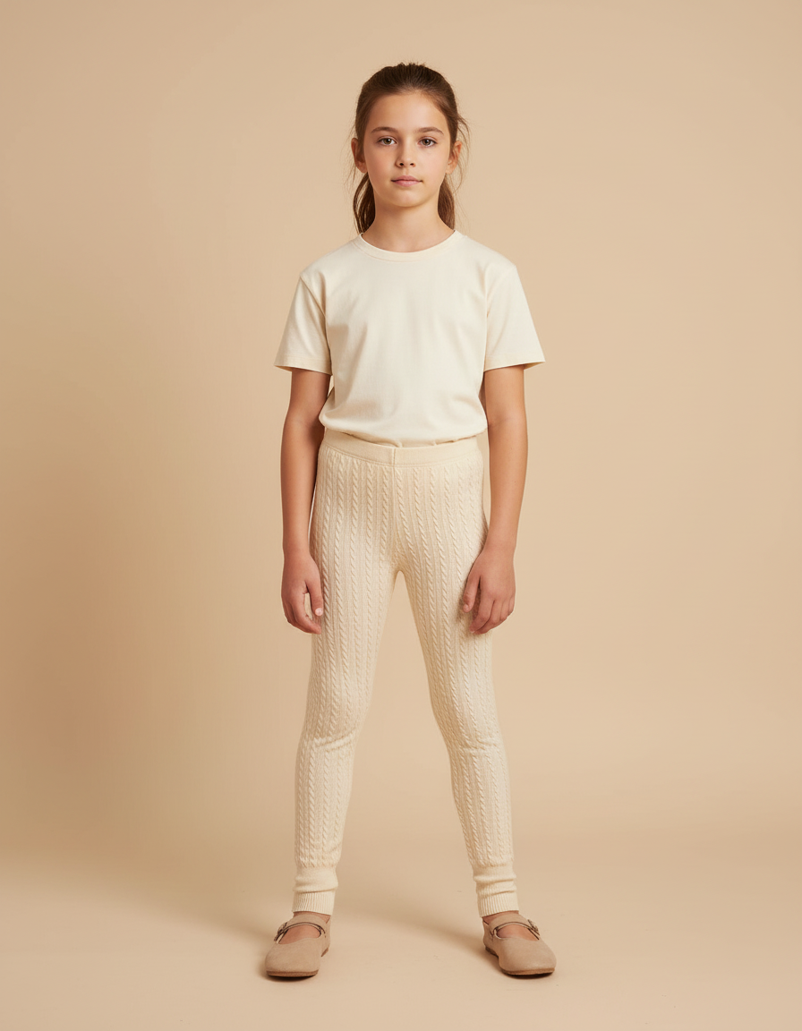 Pantalon Beige Enfant Tricoté Câblé Élastique Hiver Confortable - Maille