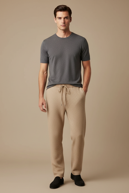 Pantalon Beige Homme Tricoté Jacquard Décontracté Cordon - Maille