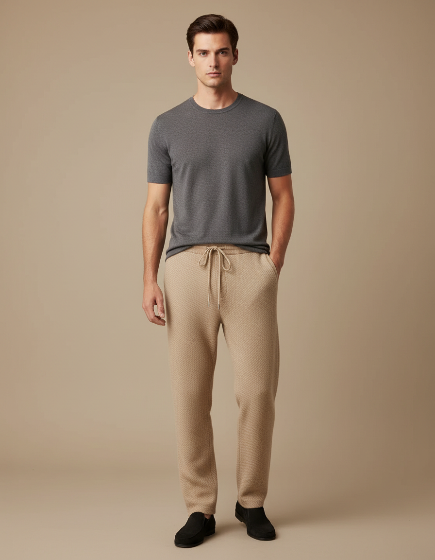 Pantalon Beige Homme Tricoté Jacquard Décontracté Cordon - Maille