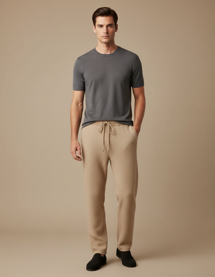 Pantalon Beige Homme Tricoté Jacquard Décontracté Cordon - Maille