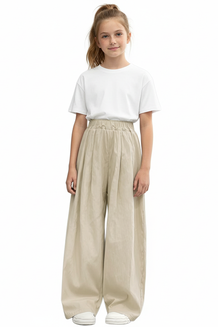 Pantalon Beige Ample Fluide Élastique Fille - Lin