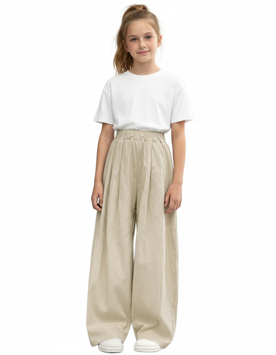 Pantalon Beige Ample Fluide Élastique Fille - Lin