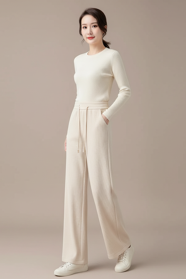 Pantalon Beige Côtelé Droit Ample Décontracté Cordon - Cordé