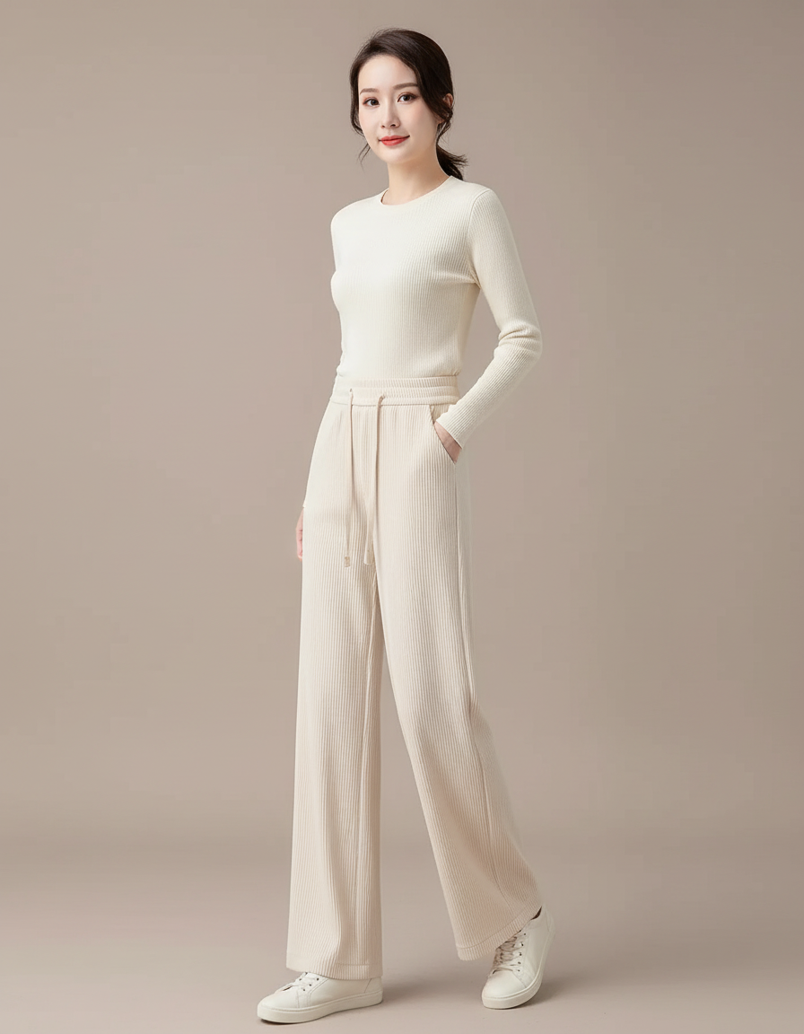 Pantalon Beige Côtelé Droit Ample Décontracté Cordon - Cordé