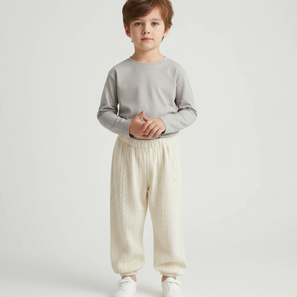 Pantalon Beige Torsadé Tricoté Ample Confortable Enfant - Maille
