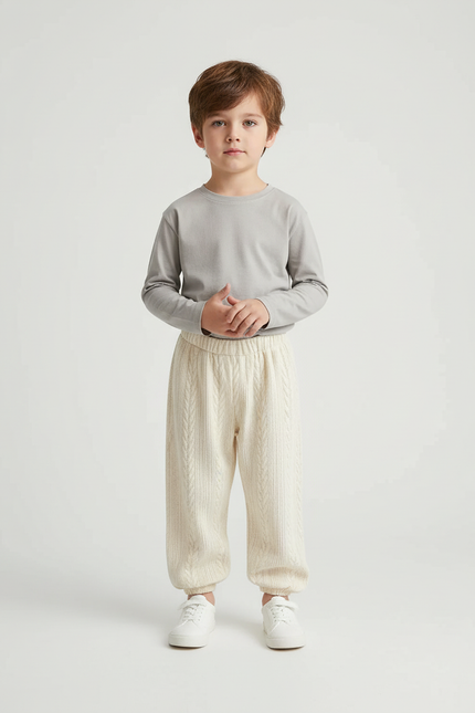 Pantalon Beige Torsadé Tricoté Ample Confortable Enfant - Maille