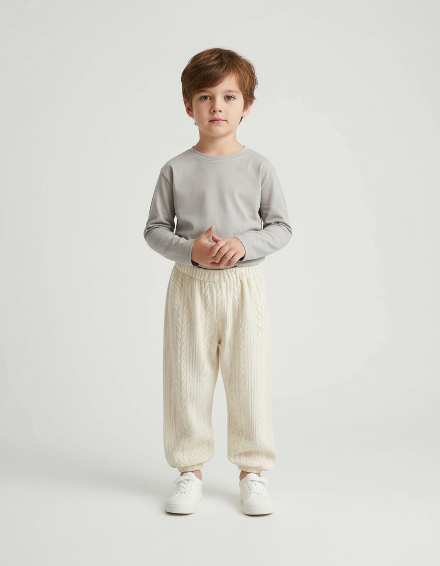 Pantalon Beige Torsadé Tricoté Ample Confortable Enfant - Maille