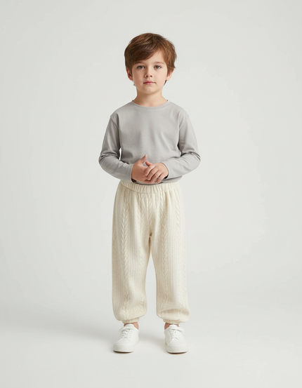 Pantalon Beige Torsadé Tricoté Ample Confortable Enfant - Maille