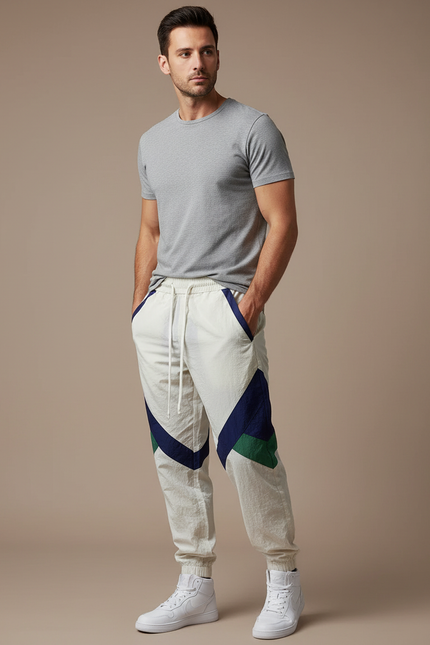 Pantalon Beige Sportif Patchwork Homme Jogging - Polyester