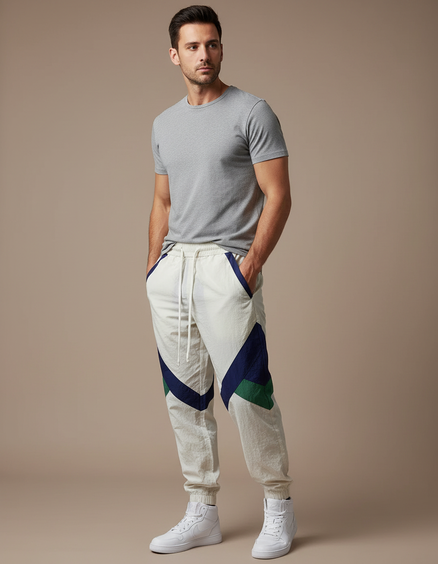 Pantalon Beige Sportif Patchwork Homme Jogging - Polyester