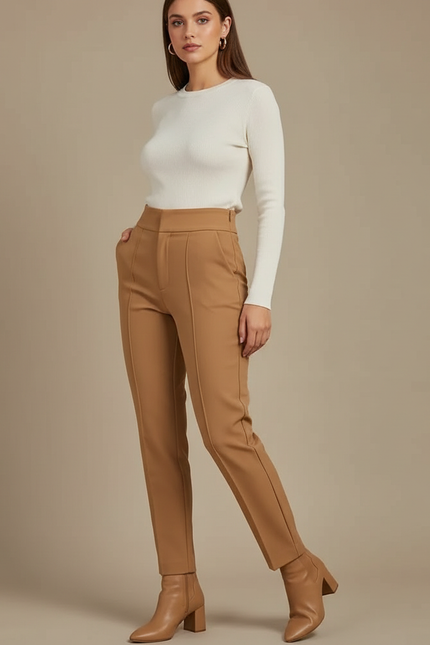 Pantalon Marron Beige Femme - Camel Gabardine