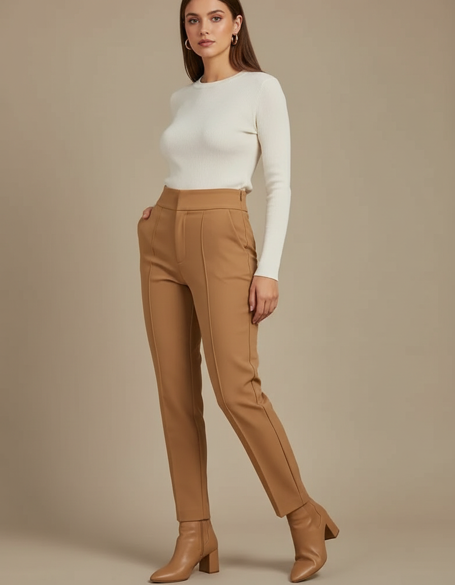Pantalon Marron Beige Femme - Camel Gabardine