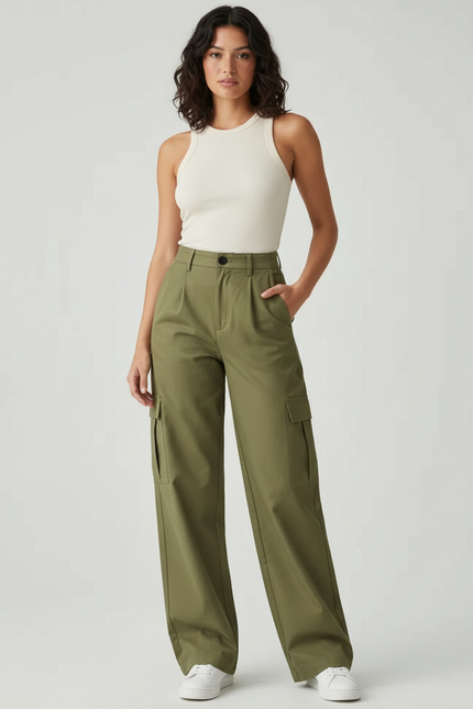 Pantalon Beige Cargo Ample Femme Coton - Kaki