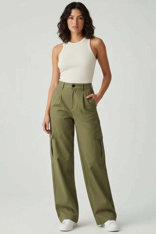 Pantalon Beige Cargo Ample Femme Coton - Kaki