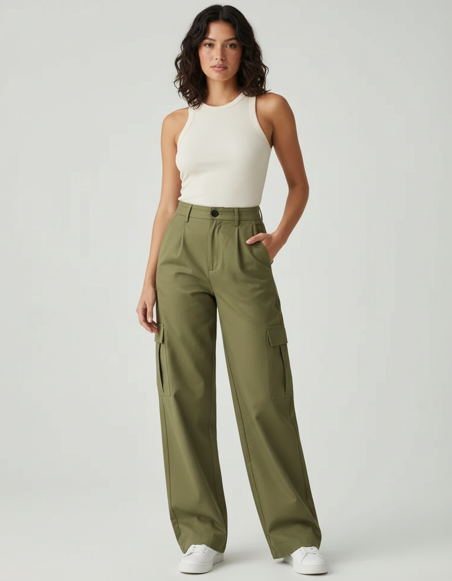 Pantalon Beige Cargo Ample Femme Coton - Kaki