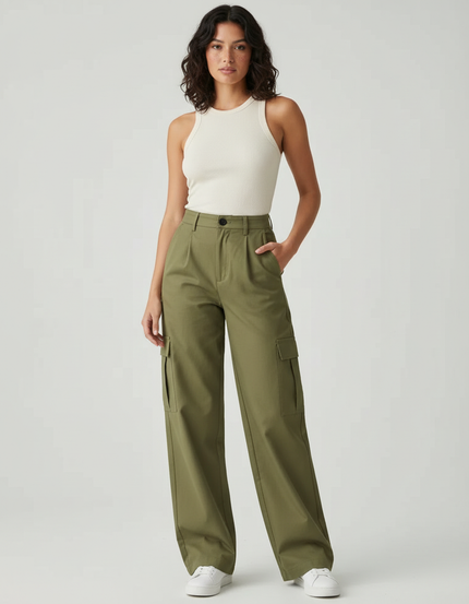 Pantalon Beige Cargo Ample Femme Coton - Kaki