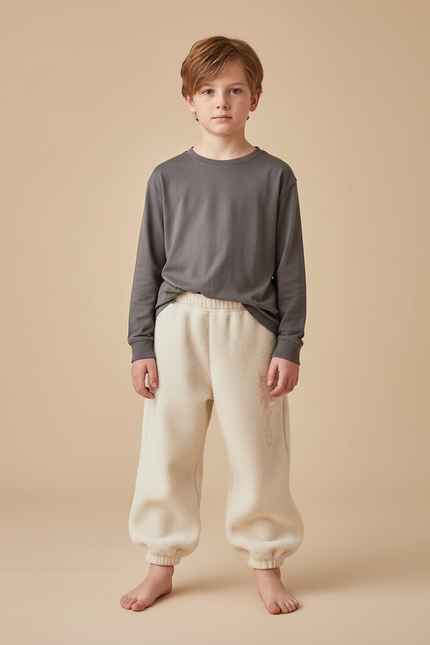 Pantalon Beige Molletonné Brodé Ample Enfant