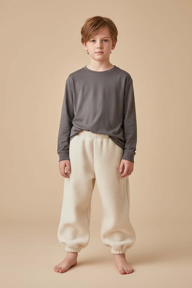 Pantalon Beige Molletonné Brodé Ample Enfant