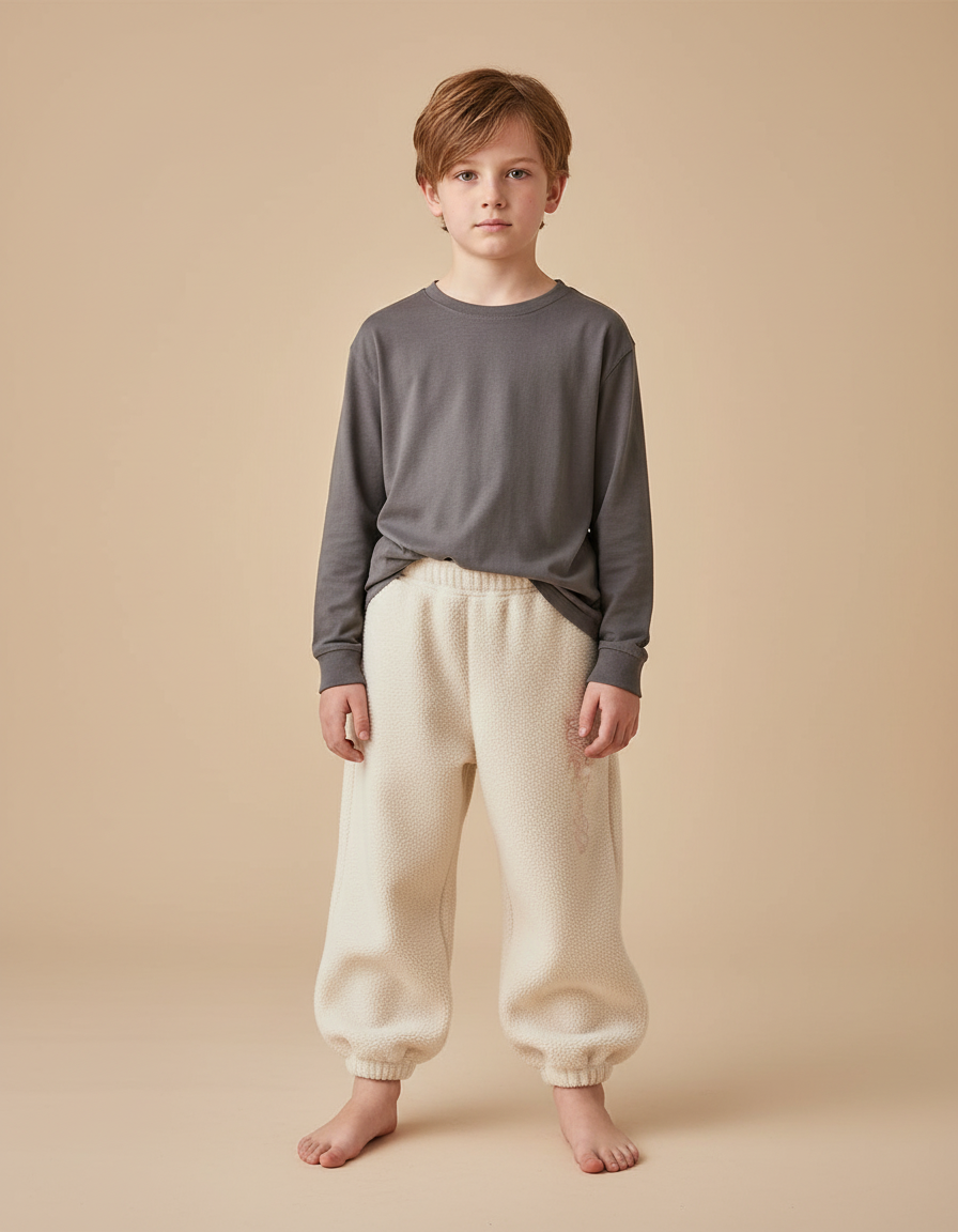 Pantalon Beige Molletonné Brodé Ample Enfant