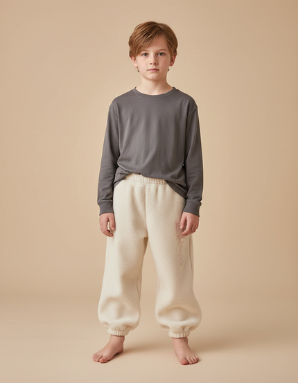 Pantalon Beige Molletonné Brodé Ample Enfant