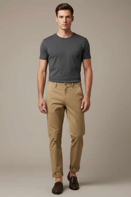 Pantalon Beige Chino Homme Décontracté Ajusté - Coton