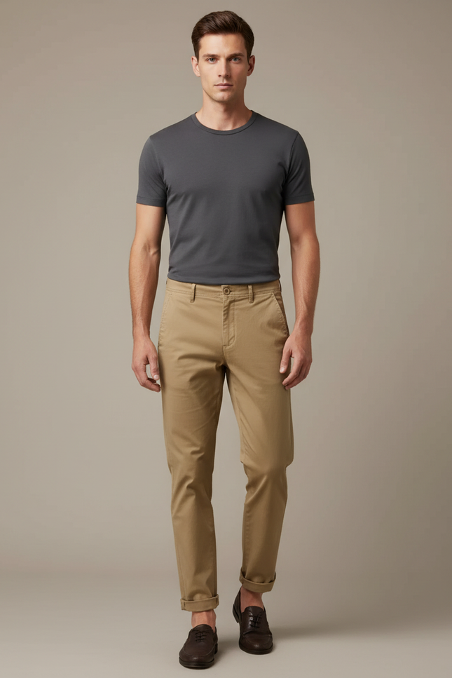 Pantalon Beige Chino Homme Décontracté Ajusté - Coton