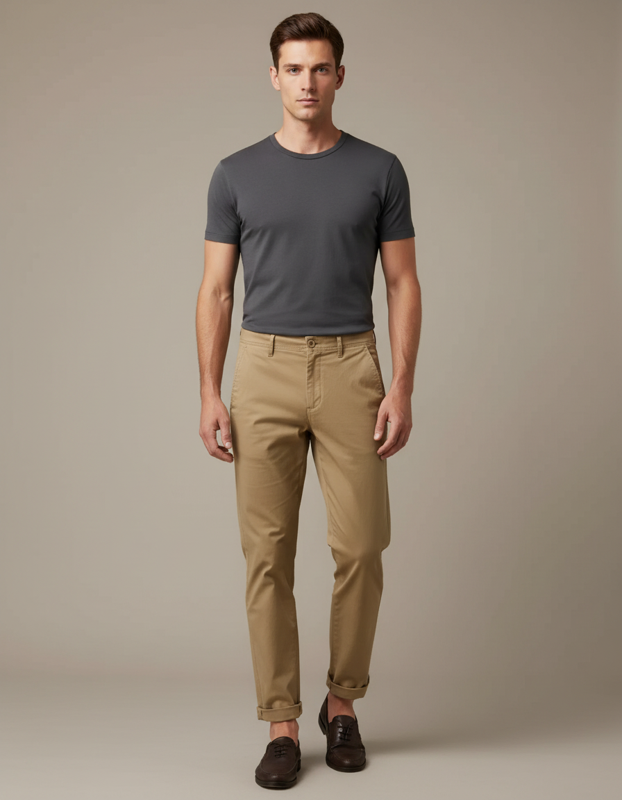 Pantalon Beige Chino Homme Décontracté Ajusté - Coton