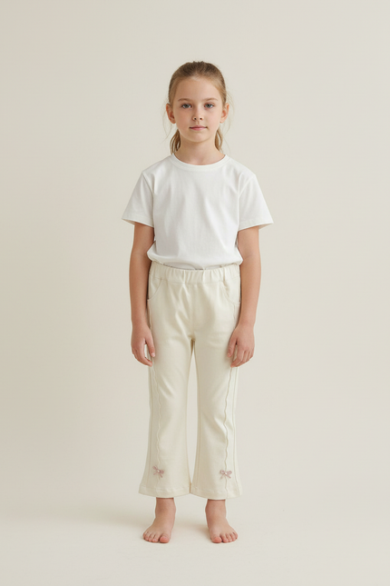 Pantalon Beige Fille Évasé Nœuds Mignons Coton