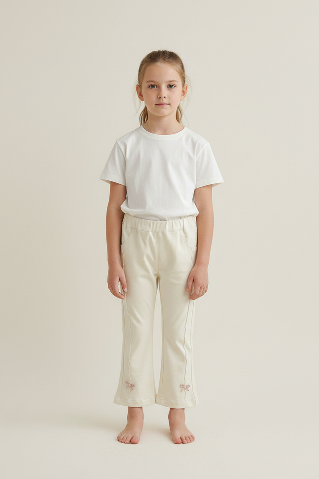 Pantalon Beige Fille Évasé Nœuds Mignons Coton