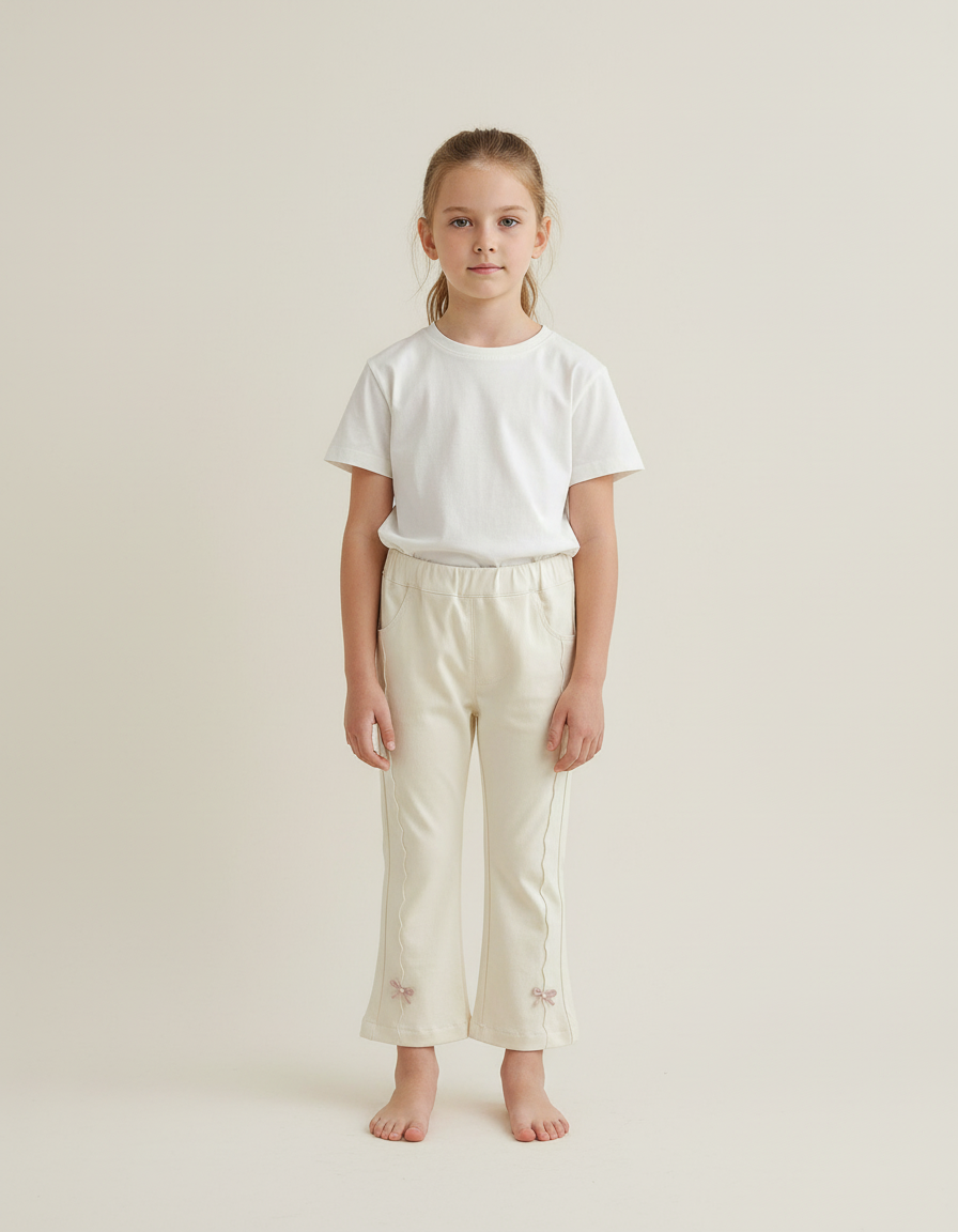 Pantalon Beige Fille Évasé Nœuds Mignons Coton