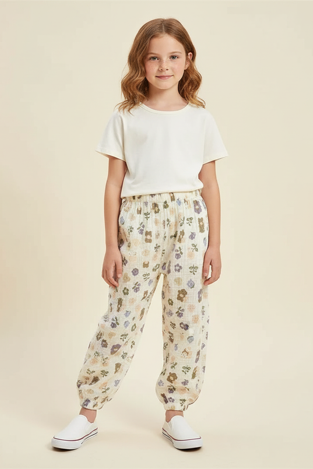 Pantalon Beige Fleuri Ample Mousseline Enfant Décontracté