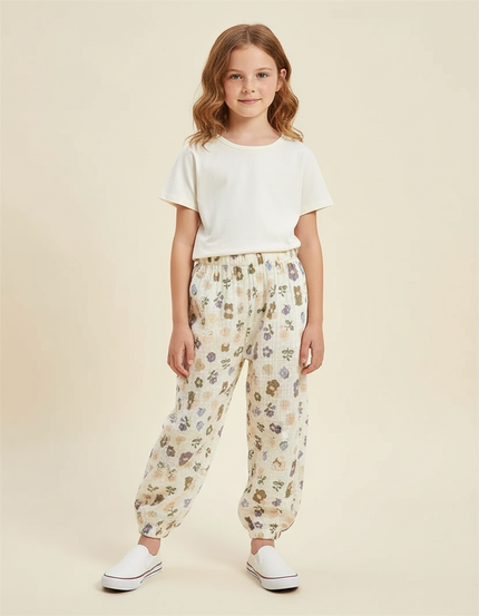 Pantalon Beige Fleuri Ample Mousseline Enfant Décontracté