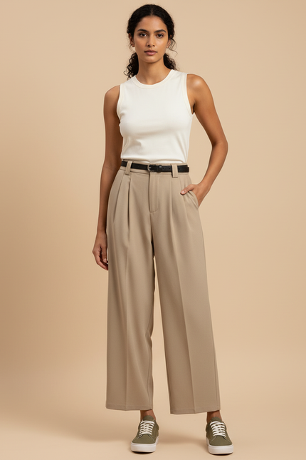 Pantalon Beige Plissé Droit Fluide Décontracté Élégant - Polyester