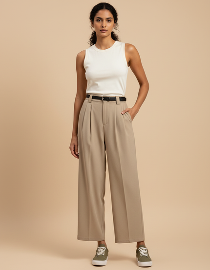 Pantalon Beige Plissé Droit Fluide Décontracté Élégant - Polyester