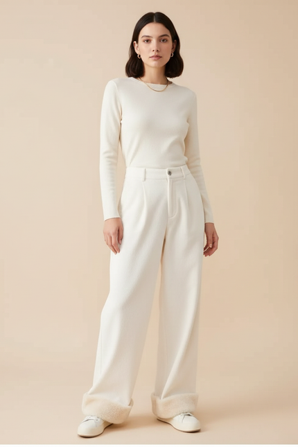 Pantalon Beige Côtelé Ample Doublé Polaire Femme - Cordé
