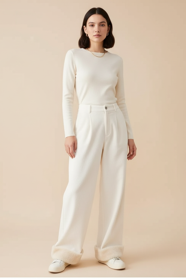 Pantalon Beige Côtelé Ample Doublé Polaire Femme - Cordé