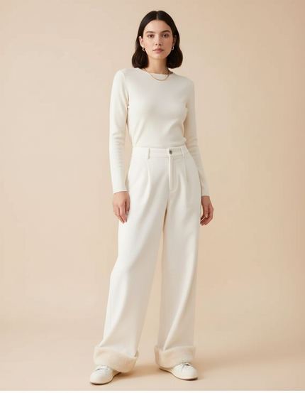 Pantalon Beige Côtelé Ample Doublé Polaire Femme - Cordé